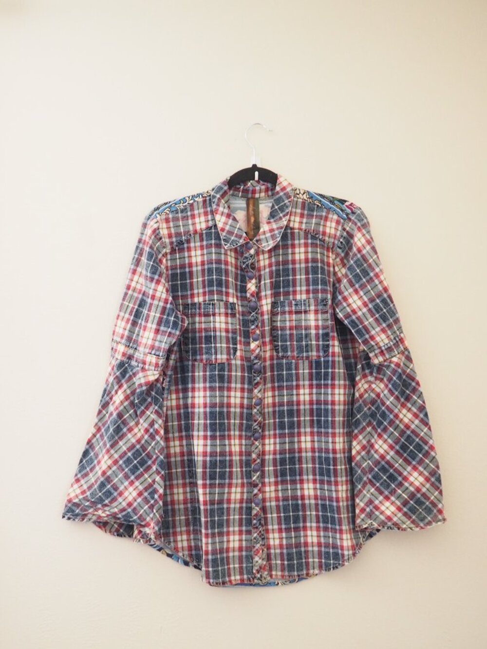 Aratta Silent Journey Button Up Long Bell Sleeve Floral Plaid Top sz L - Picture 4 of 10